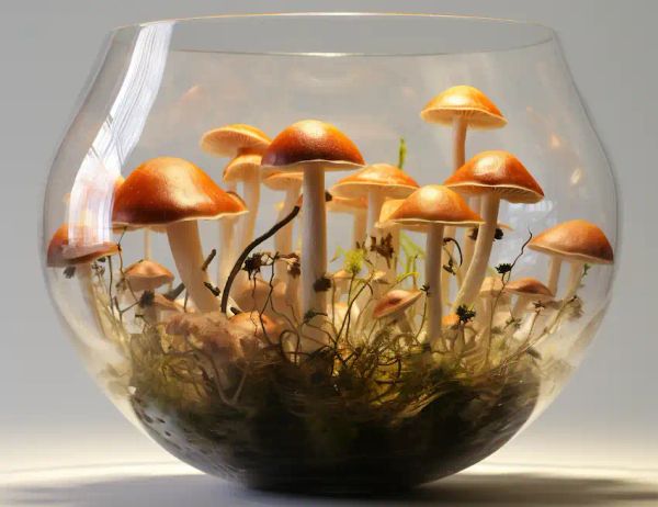 a transparent bowl with mushrooms