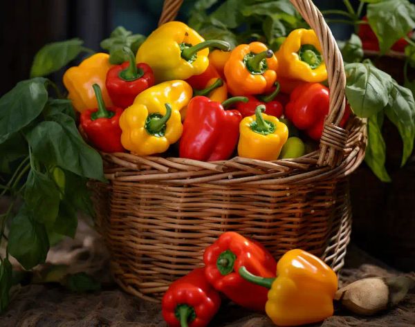 a basket with bell peppers