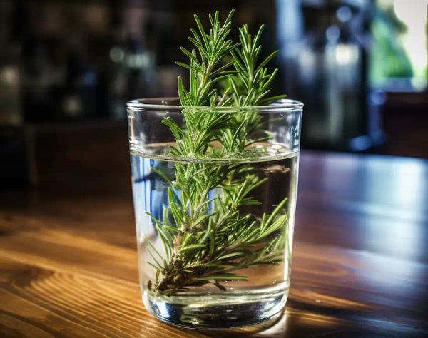 rosemary growing in a glass of water