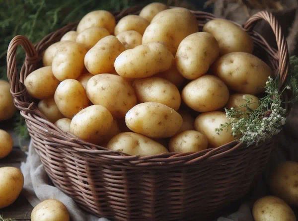 a basket of harvested white potatoes