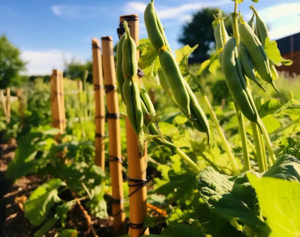 beans on stakes in the garden