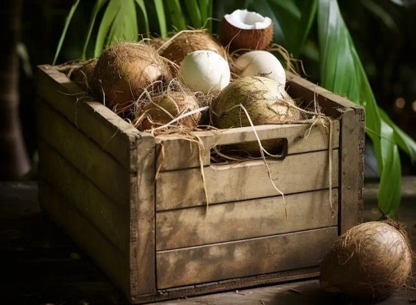 a crate with coconuts