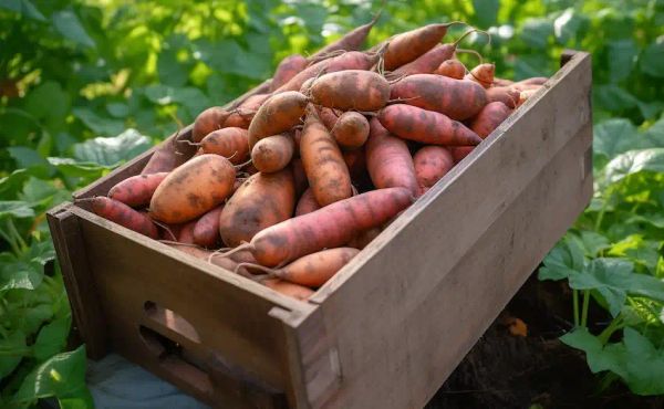 a box with sweet potatoes
