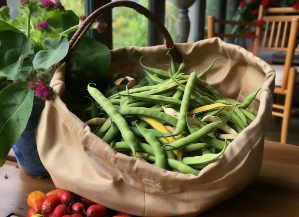 a bag full of beans picked from the garden
