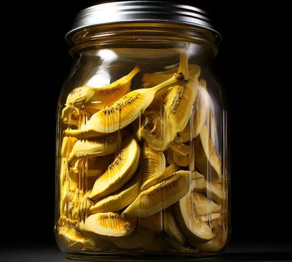 A jar filled with banana peels