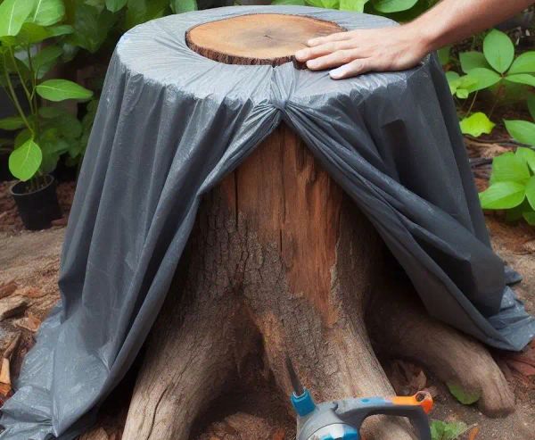 cover the stump with a waterproof and opaque tarp