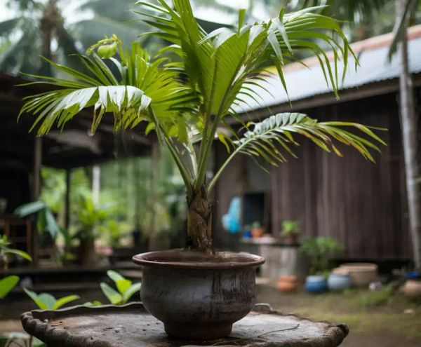 a coconut tree in a home garden
