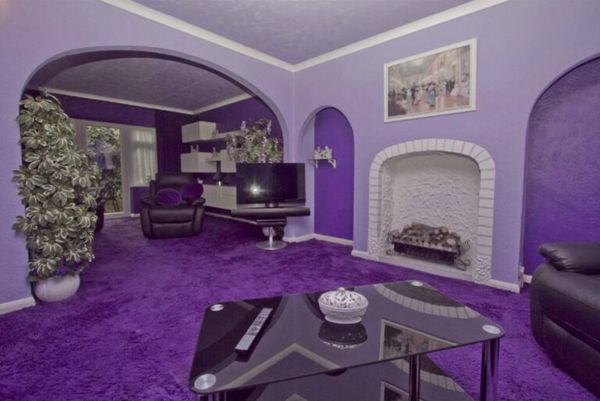 Bathroom with purple carpeting