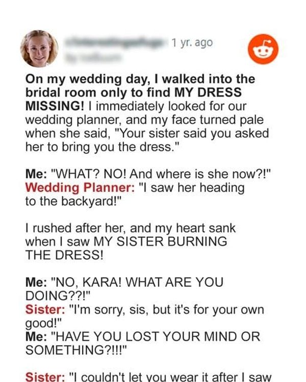 Woman Sees Her Sister Burn Her Dress on the Wedding Day, but Thanks Her When She Finds Out the Reason