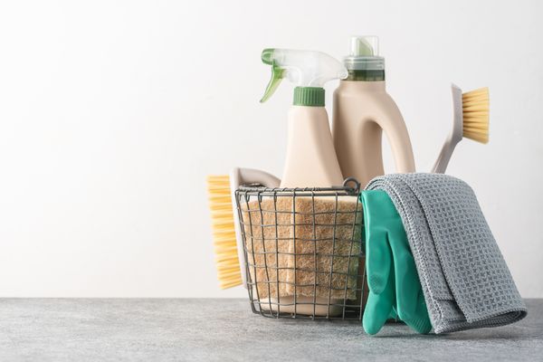 Brushes, sponges, rubber gloves, and natural cleaning products in a basket.