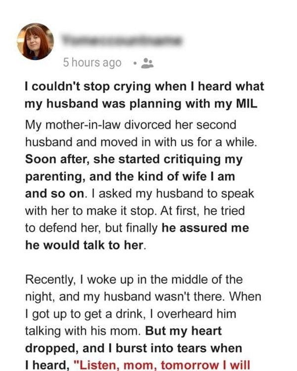 I Couldn’t Stop Crying After Discovering My Husband’s Plan With My MIL and Threw Them Out of Our House