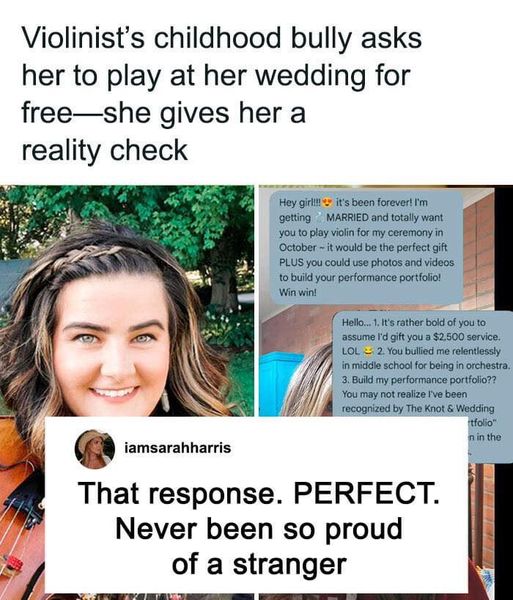 She Got Sweet Revenge After Her Childhood Bully Wanted Her To Play Violin At Her Wedding