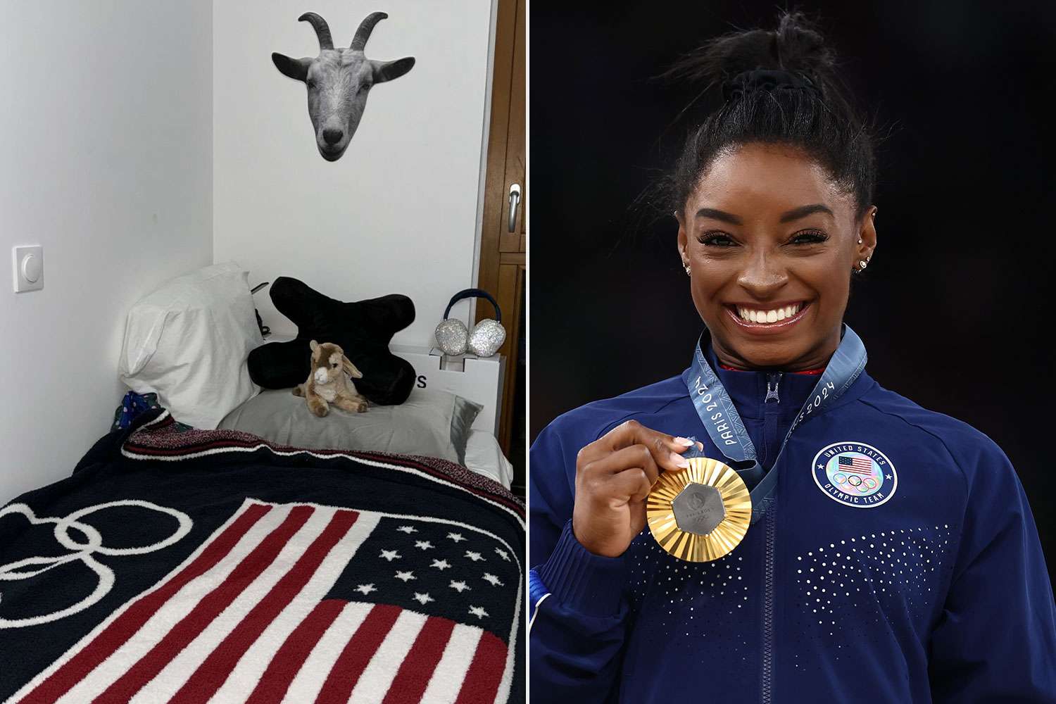 Simone Biles Has a Stuffed Animal and Cutout of a Goat in Her Bedroom in the Olympic Village