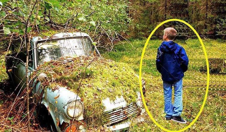 Kid Walking Through Forest Finds Abandoned Car, Notices Old Box with Envelope Inside