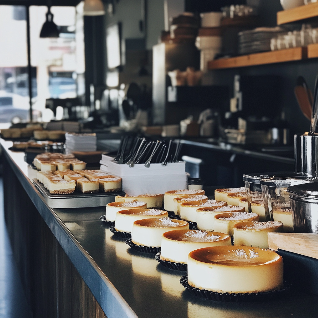 Cheesecakes on a counter | Source: Midjourney