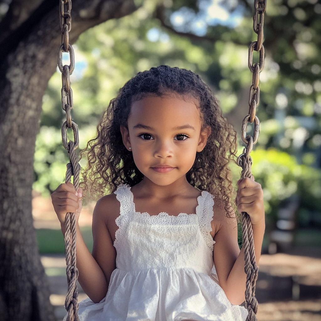 A little girl sitting on a swing | Source: Midjourney