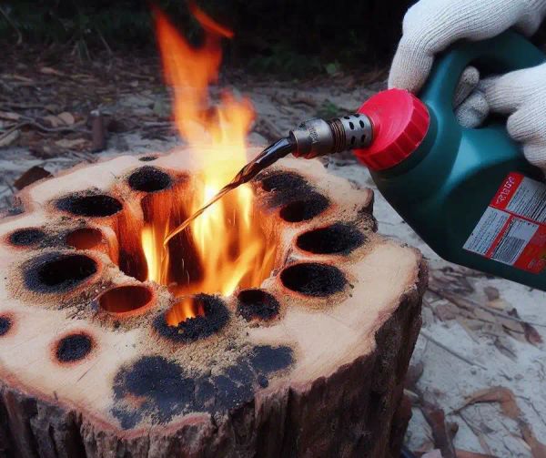 drill large deep holes into the stump