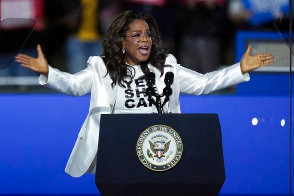 Oprah Winfrey speaks at a campaign rally supporting Democratic presidential nominee Vice President Kamala Harris outside the Philadelphia Museum of Art, Monday, Nov. 4, 2024, in Philadelphia. (AP Photo/Matt Slocum)